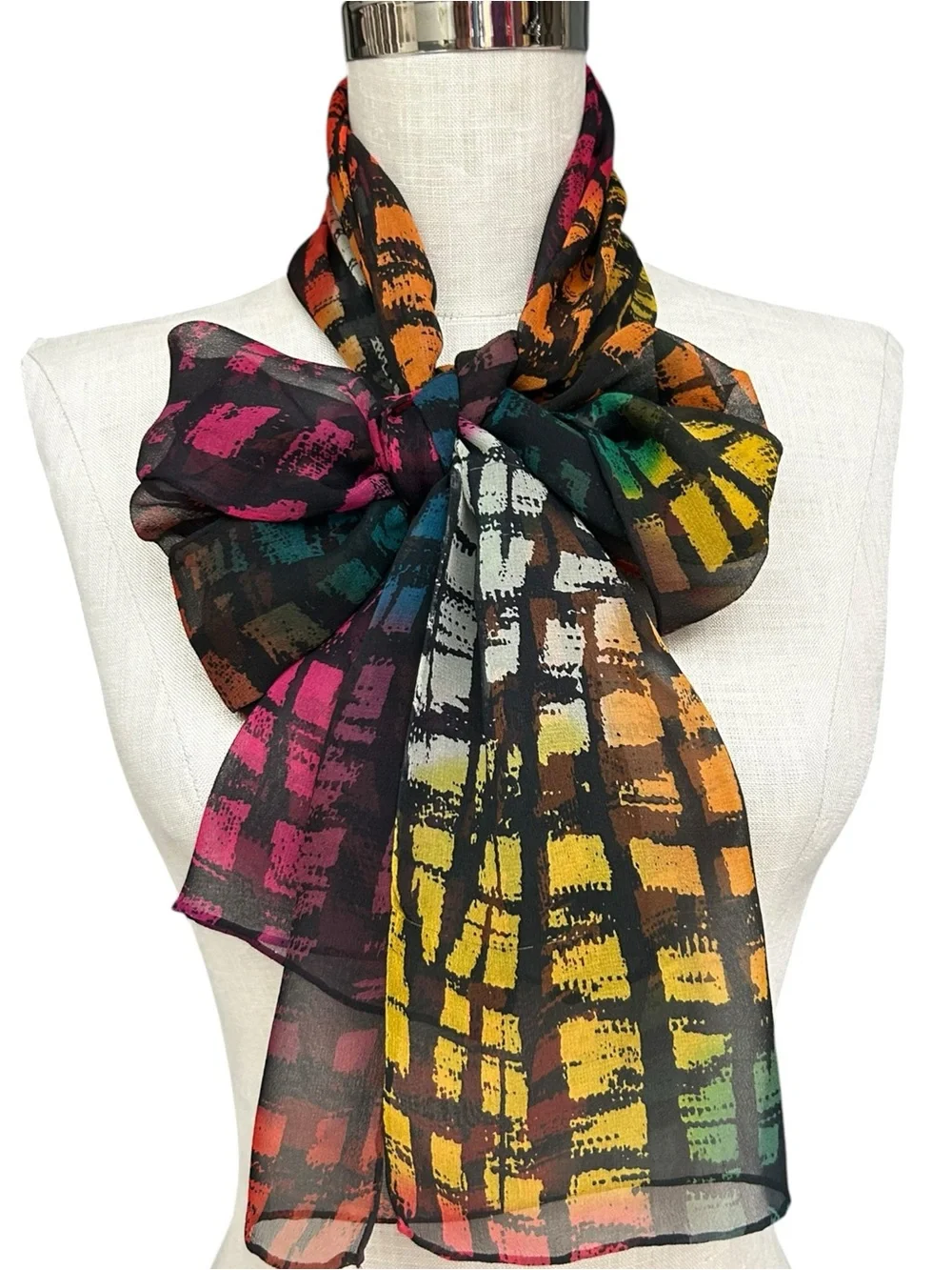 Abstract Multicolor Sheer Scarf Long Oblong Wrap Rainbow Colors